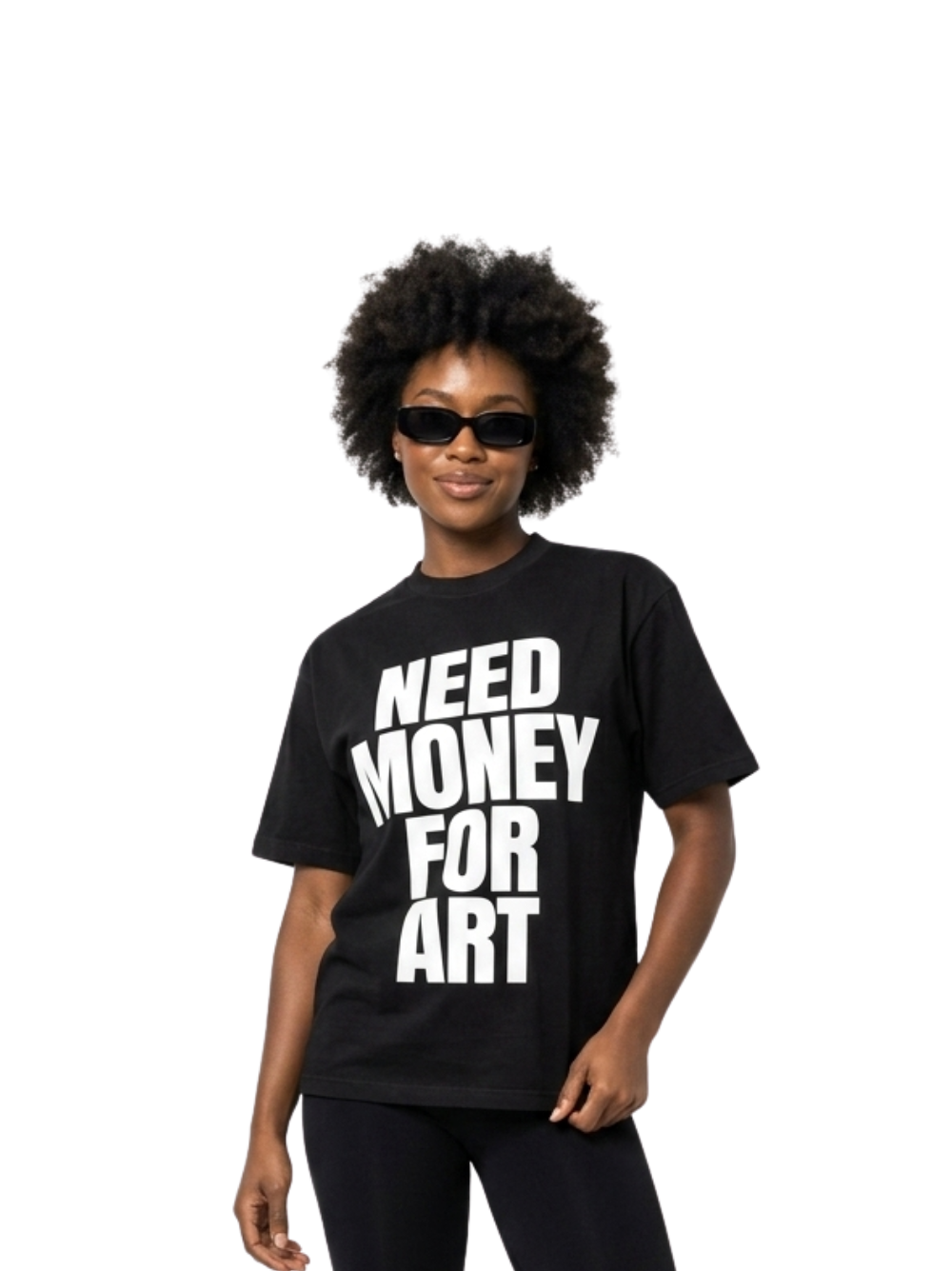 Mercha black oversized graphic vest at unseen grail. local brands south africa. streetwear. men and women. studio image front female model full outfit a reece music