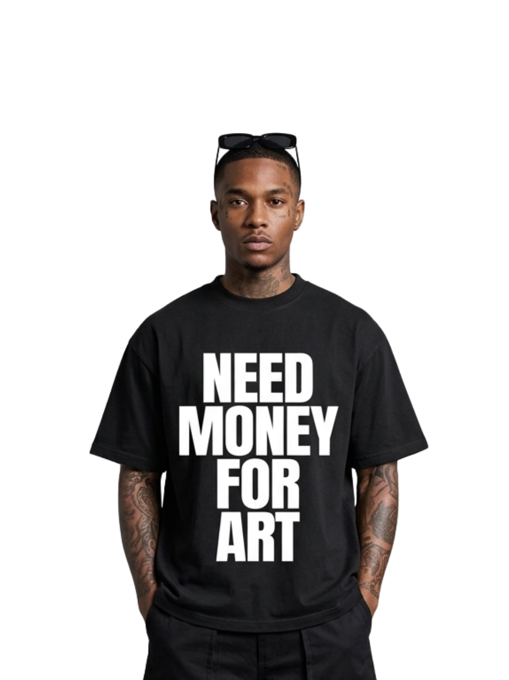Mercha black oversized graphic vest at unseen grail. local brands south africa. streetwear. men and women. studio image front male model full outfit a reece music