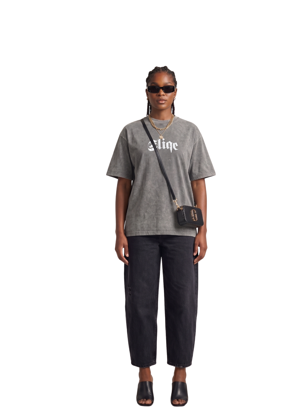 Mercha grey oversized graphic tshirt at unseen grail. local brands south africa. streetwear. men and women. studio image a reece nasty c sliqe galxboy front female model full outfit