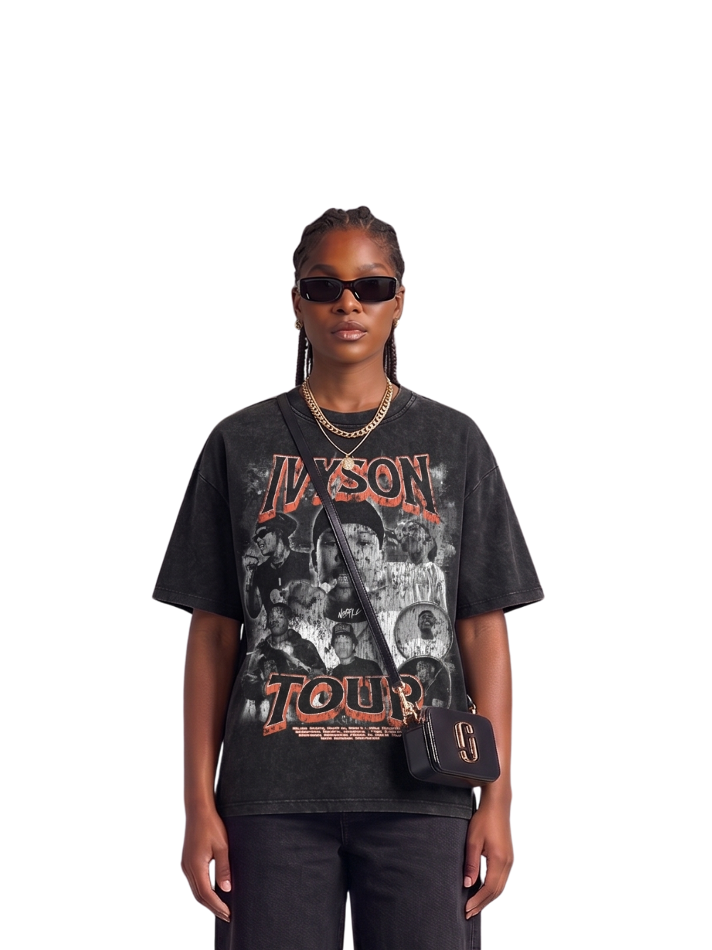 Mercha washed black oversized graphic vest at unseen grail. local brands south africa. streetwear. men and women. studio image nasty c ivyson tour female model