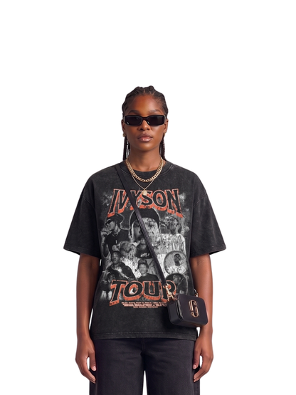 Mercha washed black oversized graphic vest at unseen grail. local brands south africa. streetwear. men and women. studio image nasty c ivyson tour female model