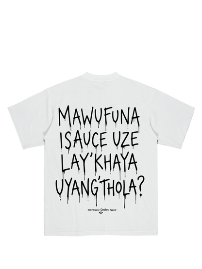 Mercha white oversized graphic t shirt at unseen grail. local brands south africa. streetwear. men and women. studio image behind