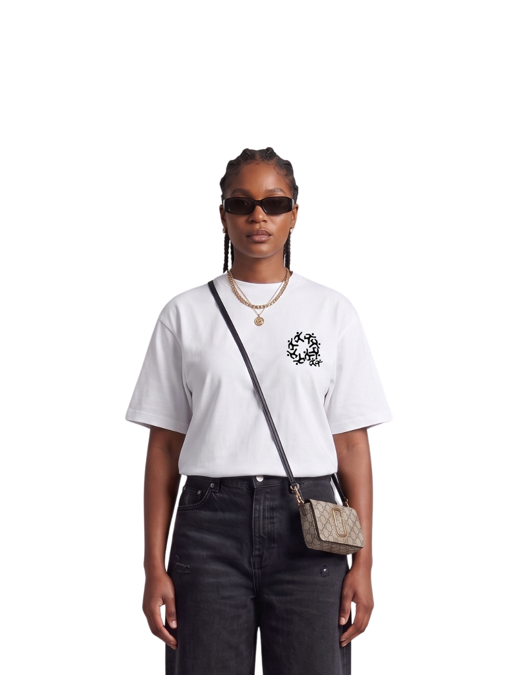Mercha white oversized graphic t shirt at unseen grail. local brands south africa. streetwear. men and women. studio image front female model
