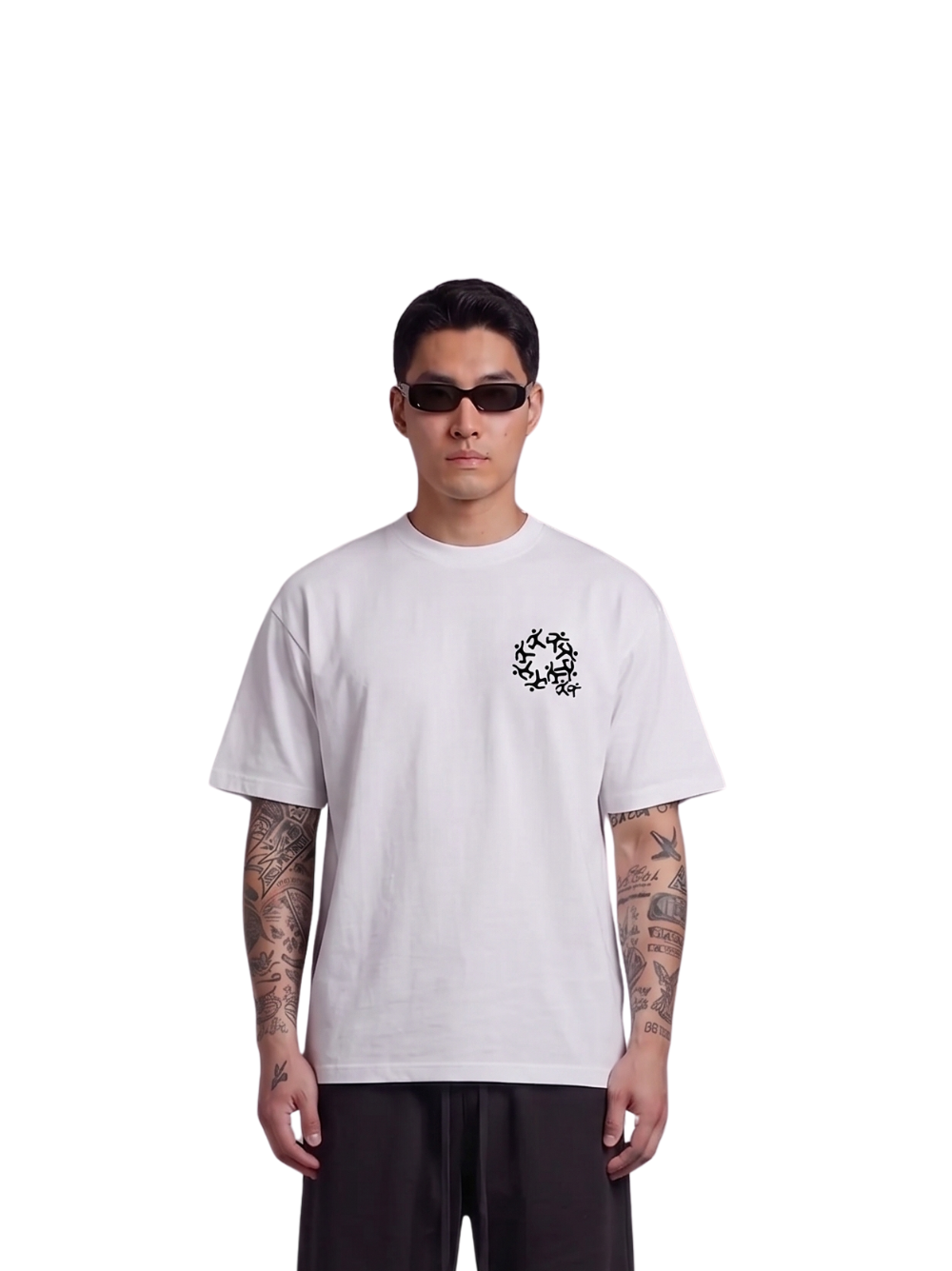 Mercha white oversized graphic t shirt at unseen grail. local brands south africa. streetwear. men and women. studio image front male model