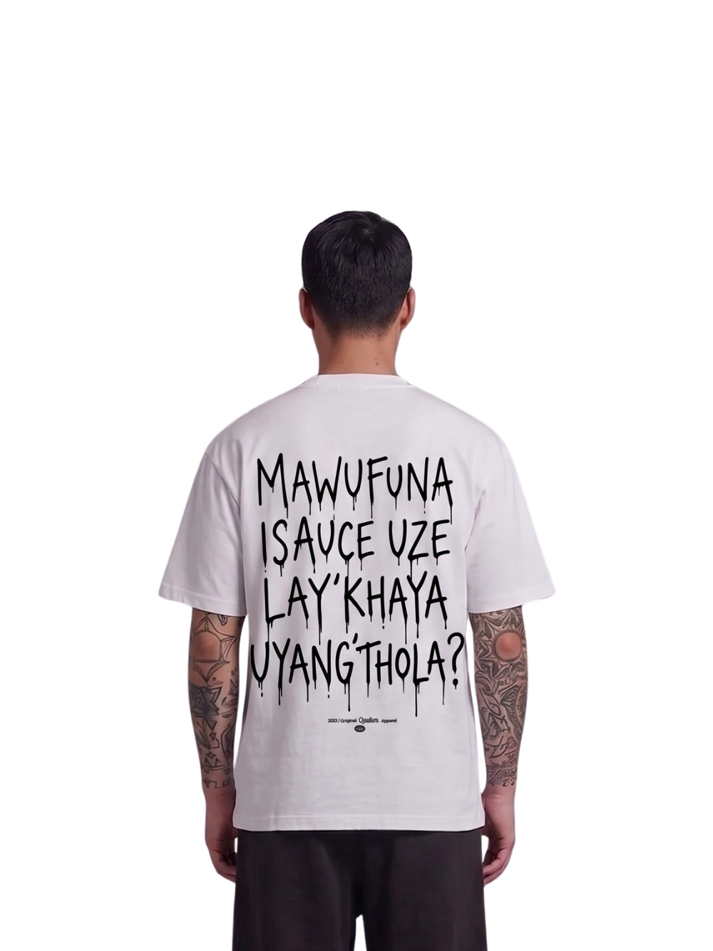 Mercha white oversized graphic t shirt at unseen grail. local brands south africa. streetwear. men and women. studio image full outfit behind male