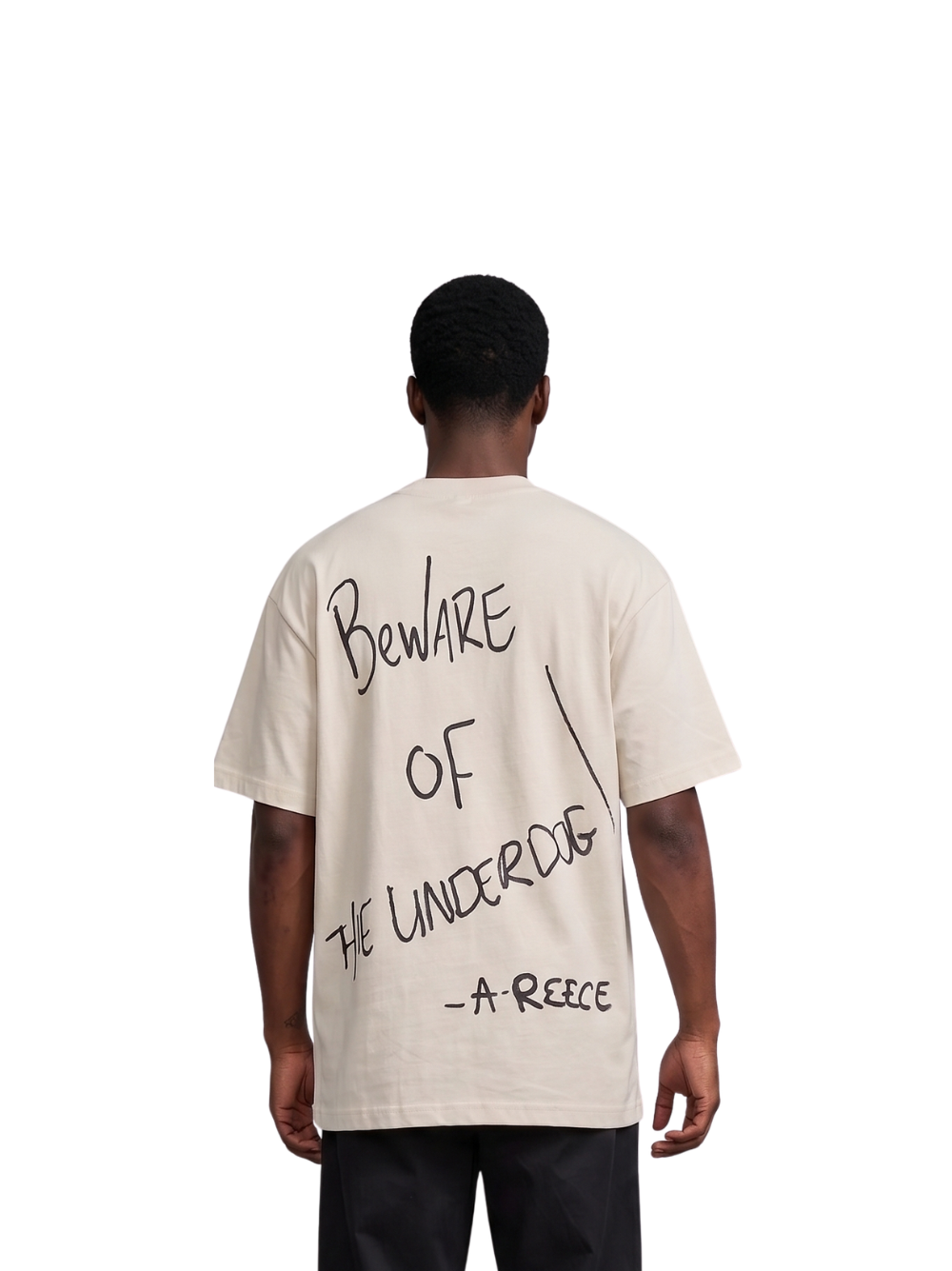 Mercha white oversized graphic tshirt at unseen grail. local brands south africa. streetwear. men and women. studio image a reece nasty c behind male model bantu