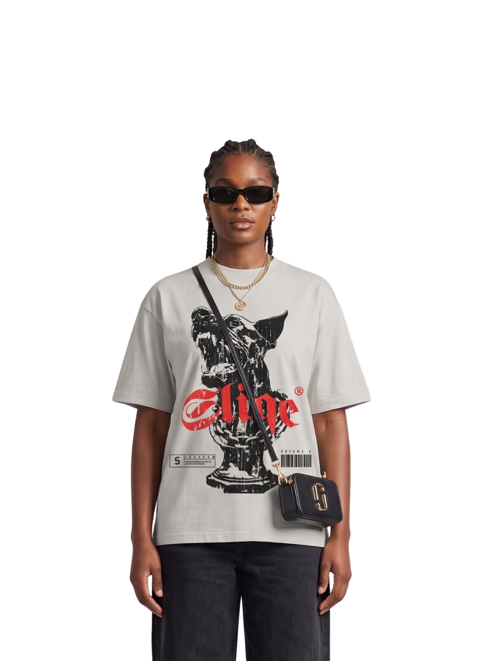 Mercha white oversized graphic tshirt at unseen grail. local brands south africa. streetwear. men and women. studio image a reece nasty c sliqe galxboy front female model