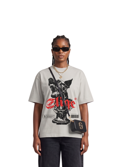 Mercha white oversized graphic tshirt at unseen grail. local brands south africa. streetwear. men and women. studio image a reece nasty c sliqe galxboy front female model
