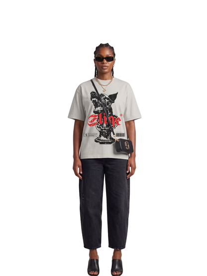 Mercha white oversized graphic tshirt at unseen grail. local brands south africa. streetwear. men and women. studio image a reece nasty c sliqe galxboy front female model full outfit