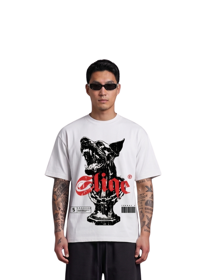 Mercha white oversized graphic tshirt at unseen grail. local brands south africa. streetwear. men and women. studio image a reece nasty c sliqe galxboy front male model