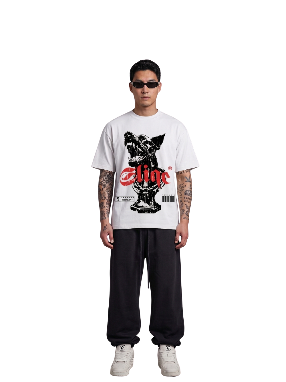 Mercha white oversized graphic tshirt at unseen grail. local brands south africa. streetwear. men and women. studio image a reece nasty c sliqe galxboy front male model full outfit