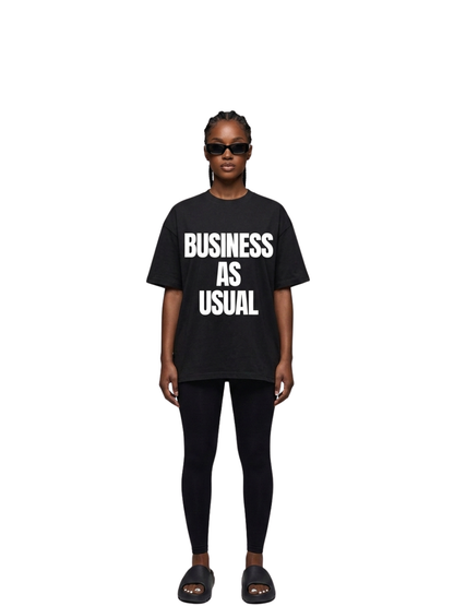 Mercha white oversized graphic vest at unseen grail. local brands south africa. streetwear. men and women. studio image front female model full outfit a reece music