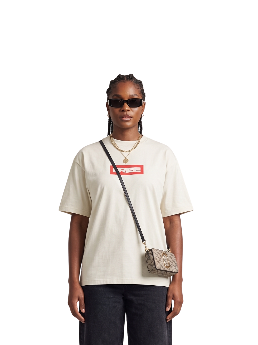 Mercha white oversized graphic vest at unseen grail. local brands south africa. streetwear. men and women. studio image nasty c front female model