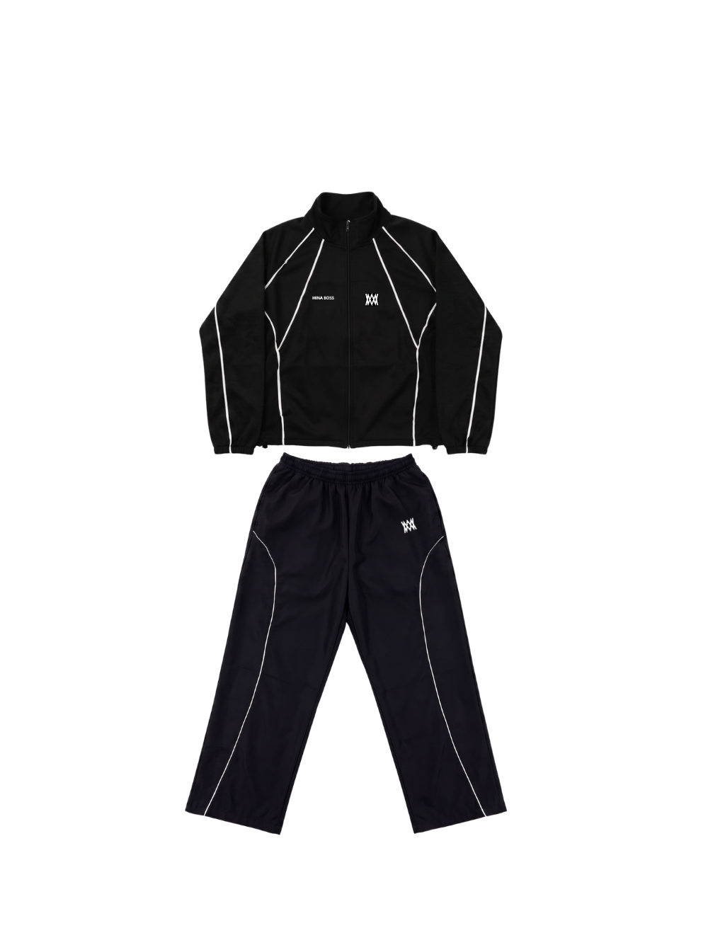 Mina Boss black oversized graphic tracksuit at unseen grail. local brands south africa. streetwear. men and women. studio image front. el patron