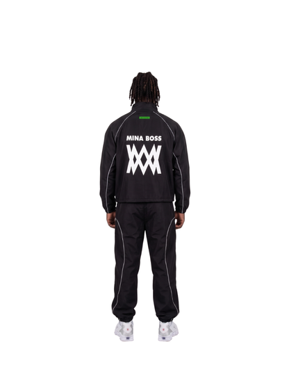 Mina Boss black oversized graphic tracksuit at unseen grail. local brands south africa. streetwear. men and women. studio image front. el patron back image