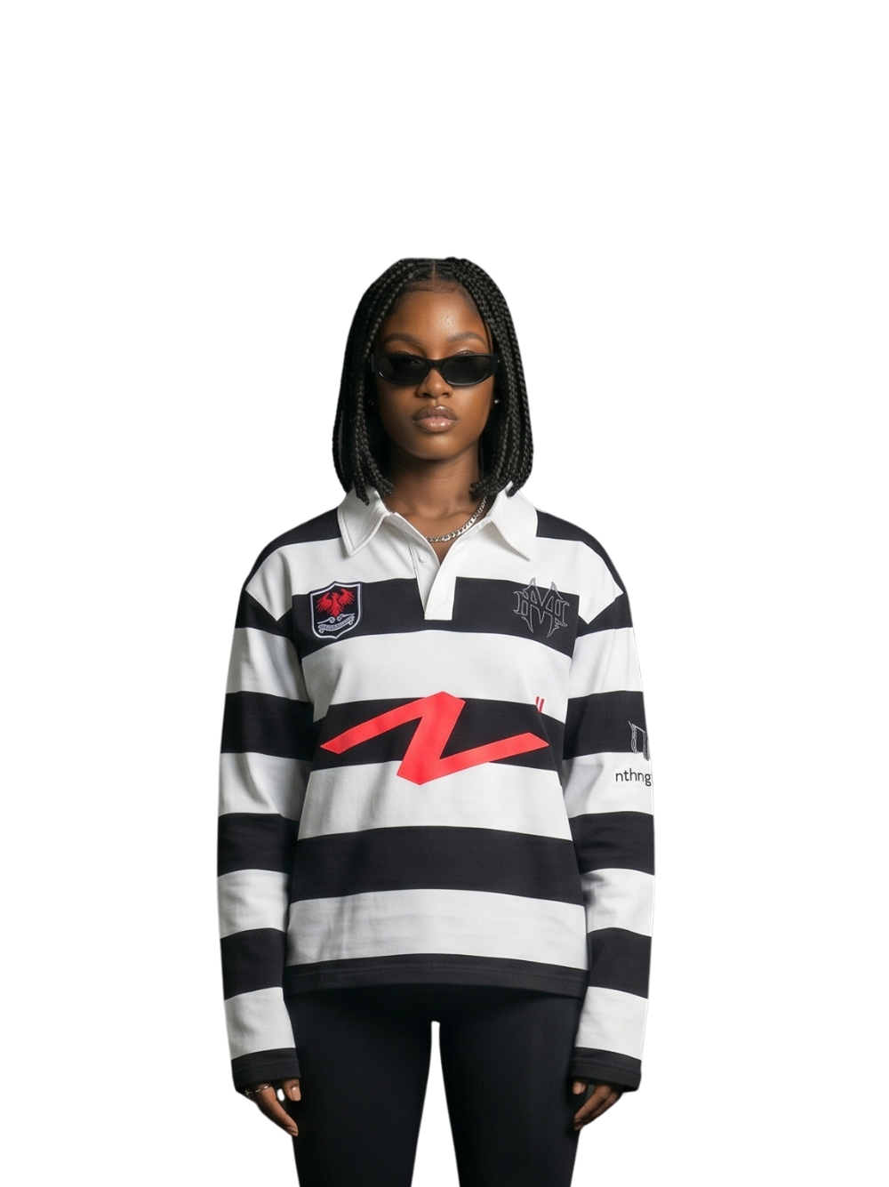 Nothing matters black and white oversized graphic long sleeve tshirt at unseen grail. local brands south africa. streetwear. men and women. studio image female model front