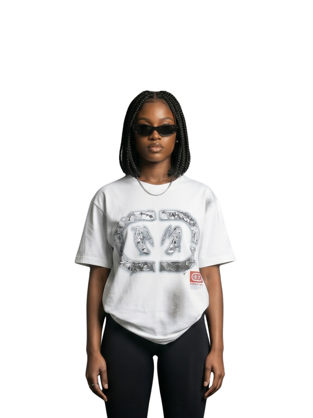 Nothing matters white oversized graphic tshirt at unseen grail. local brands south africa. streetwear. men and women. studio image female model front