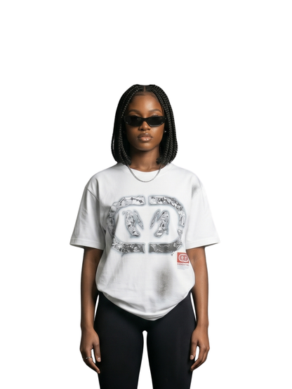 Nothing matters white oversized graphic tshirt at unseen grail. local brands south africa. streetwear. men and women. studio image female model front