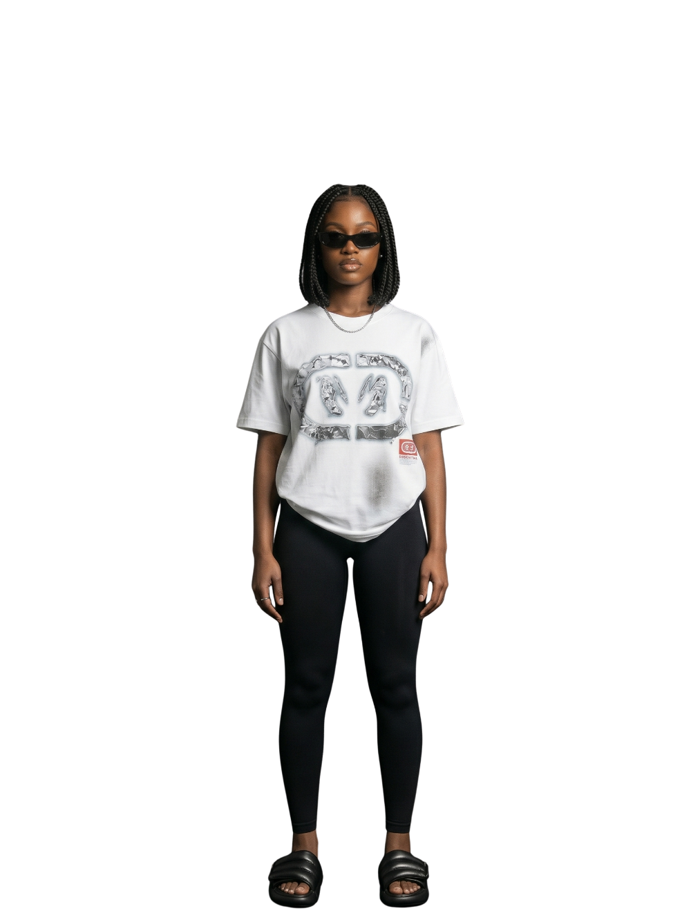 Nothing matters white oversized graphic tshirt at unseen grail. local brands south africa. streetwear. men and women. studio image female model full outfit
