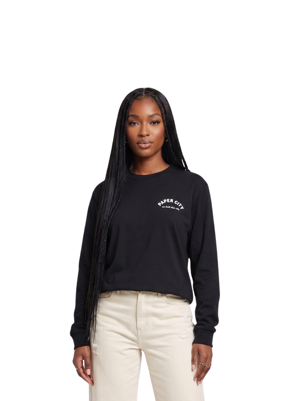 Paper city black oversized graphic tshirt at unseen grail. local brands south africa. streetwear. men and women. female front view image