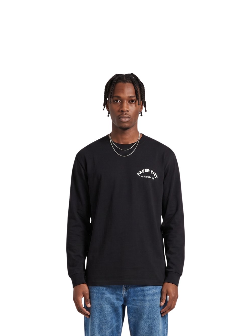 Paper city black oversized graphic tshirt at unseen grail. local brands south africa. streetwear. men and women. male front view image