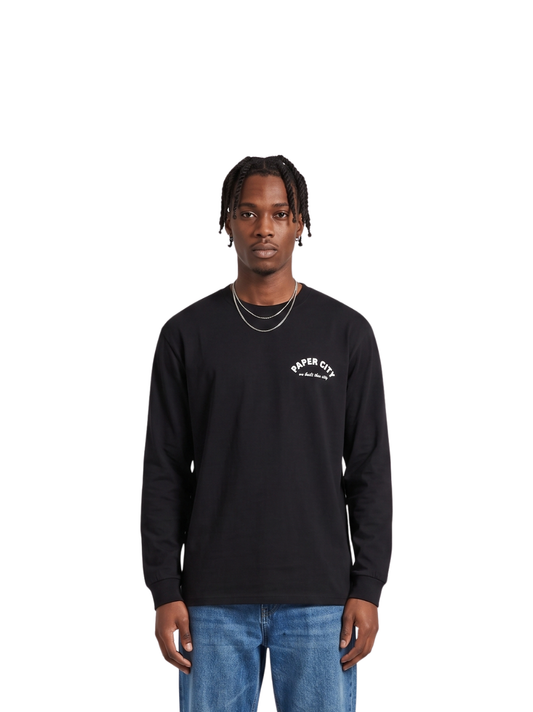 Paper city black oversized graphic tshirt at unseen grail. local brands south africa. streetwear. men and women. male front view image