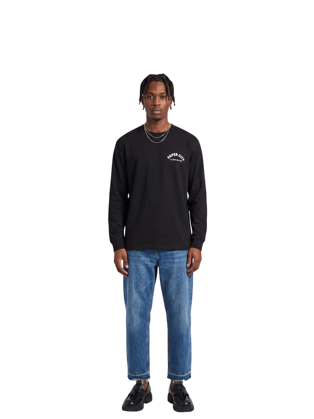 Paper city black oversized graphic tshirt at unseen grail. local brands south africa. streetwear. men and women. male front view image full outfit