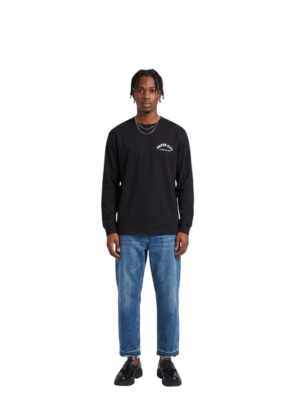 Paper city black oversized graphic tshirt at unseen grail. local brands south africa. streetwear. men and women. male front view image full outfit