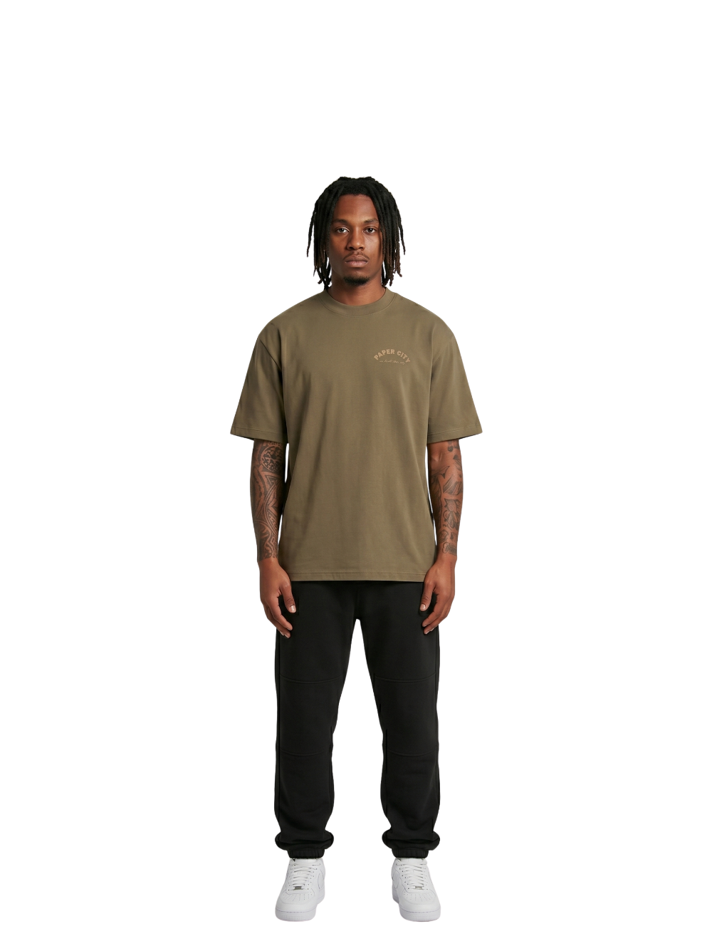 Paper city brown oversized graphic tshirt at unseen grail. local brands south africa. streetwear. men and women. male model front full outfit