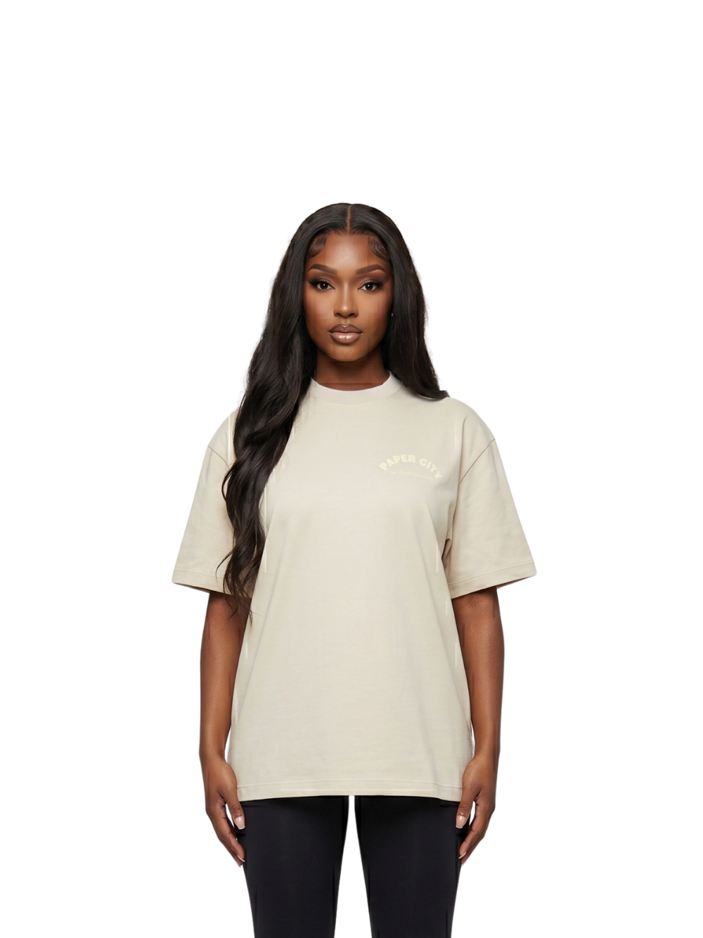 Paper city cream oversized graphic tshirt at unseen grail. local brands south africa. streetwear. men and women. female model front image
