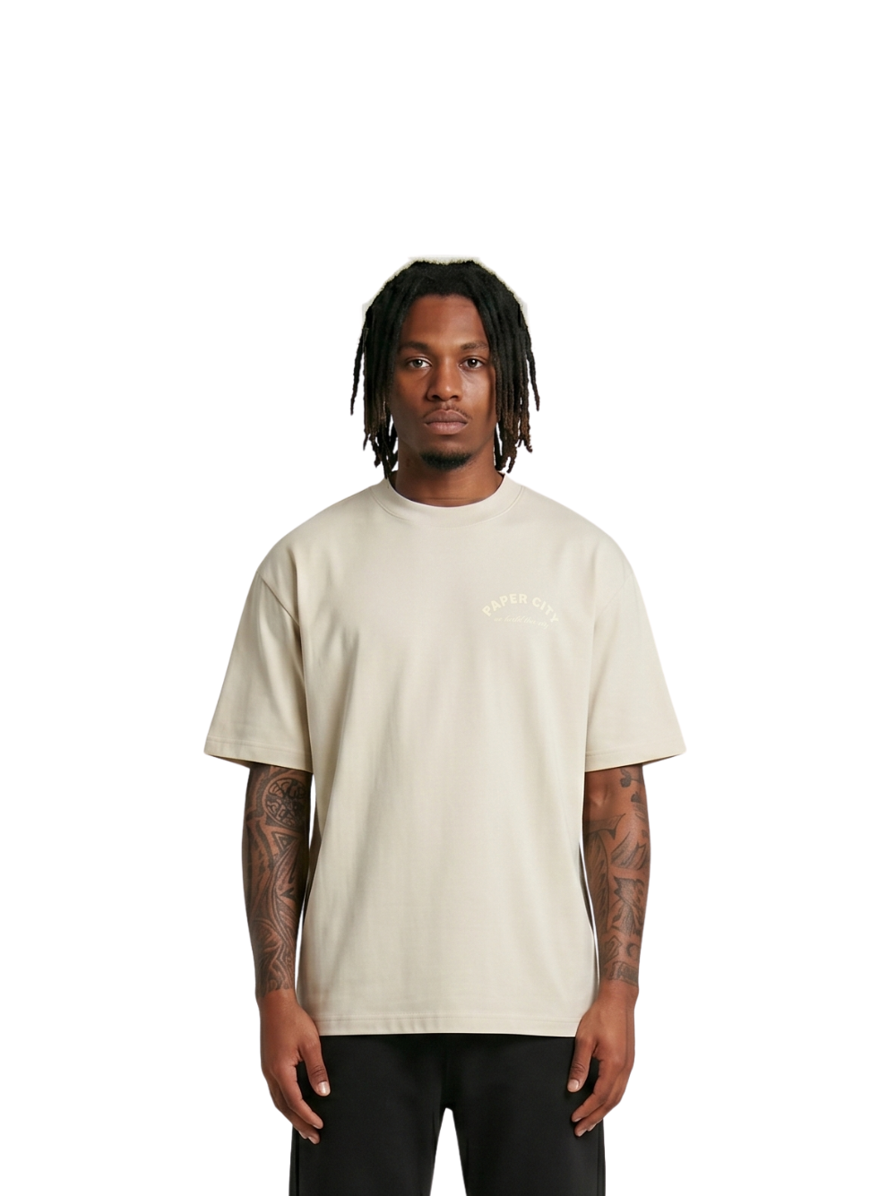 Paper city cream oversized graphic tshirt at unseen grail. local brands south africa. streetwear. men and women. male model front image