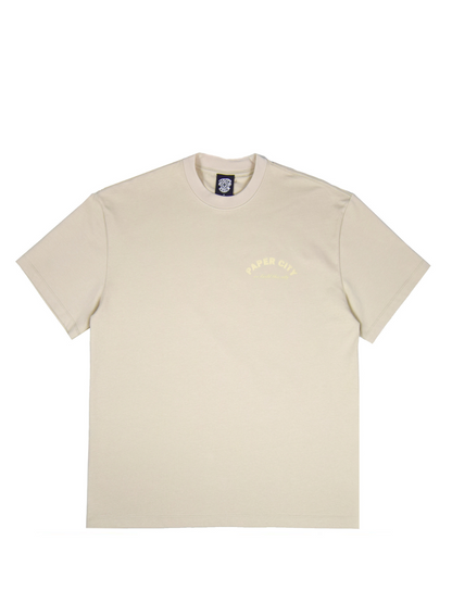 Paper city cream oversized graphic tshirt at unseen grail. local brands south africa. streetwear. men and women. mock up front