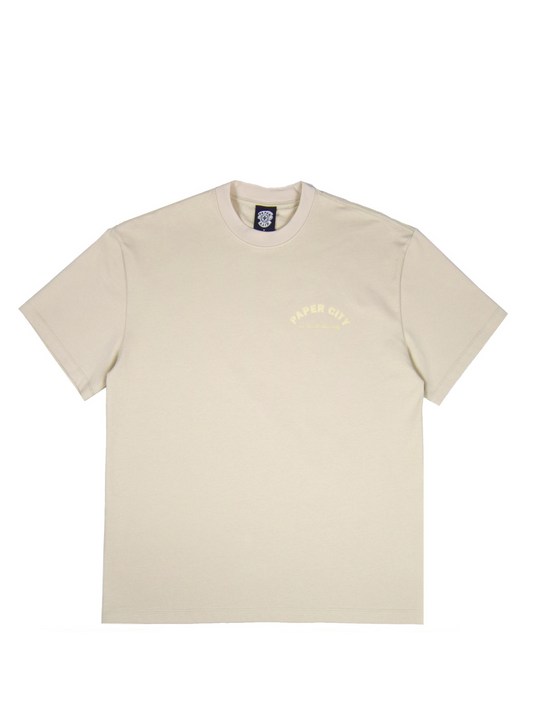 Paper city cream oversized graphic tshirt at unseen grail. local brands south africa. streetwear. men and women. mock up front