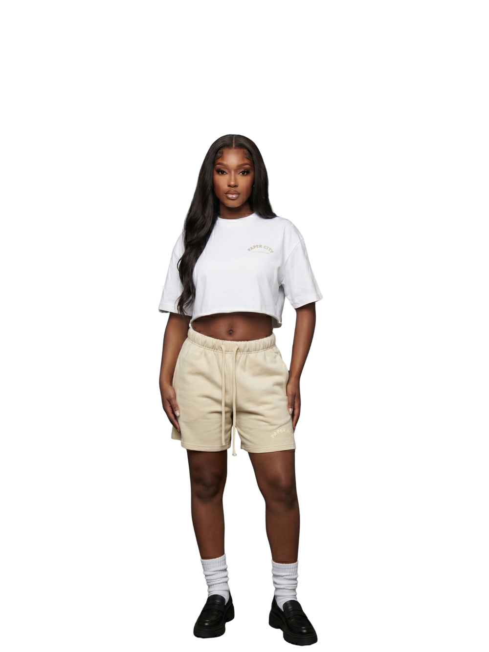 Paper city cream oversized shorts at unseen grail. local brands south africa. streetwear. men and women. female model front full outfit