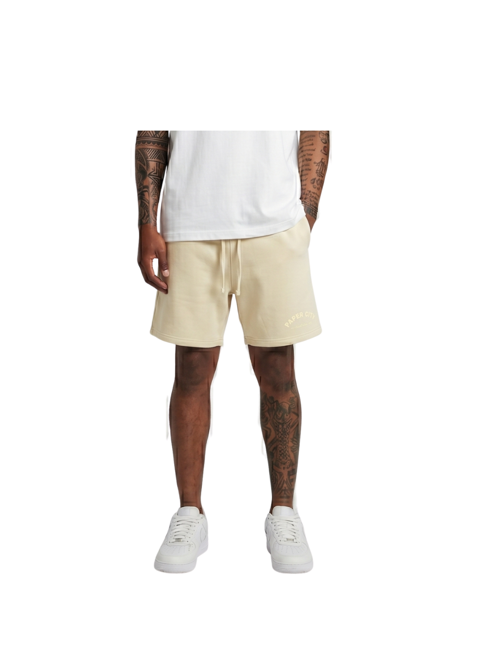 Paper city cream oversized shorts at unseen grail. local brands south africa. streetwear. men and women. male model front