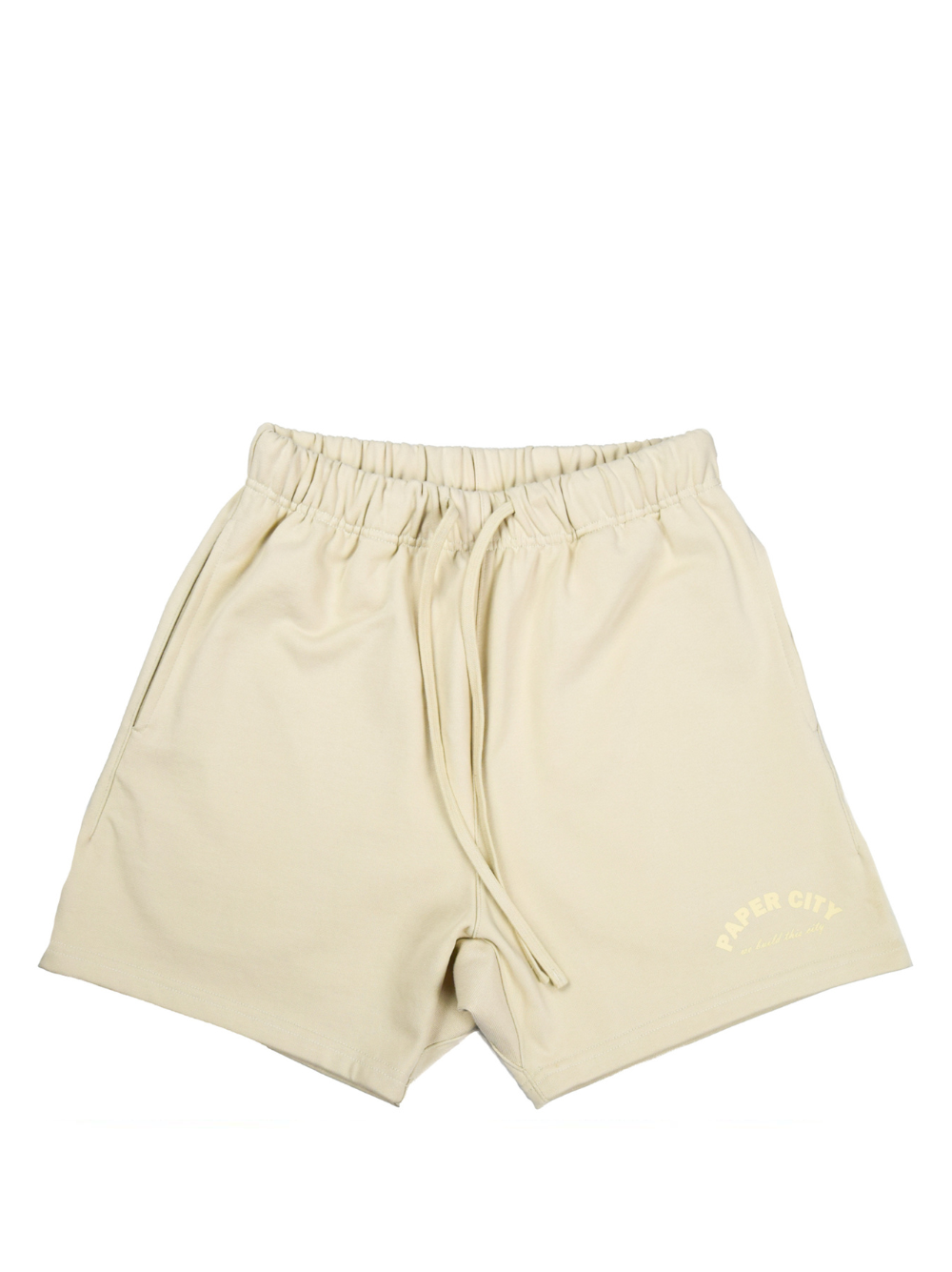 Paper city cream oversized shorts at unseen grail. local brands south africa. streetwear. men and women. mock up