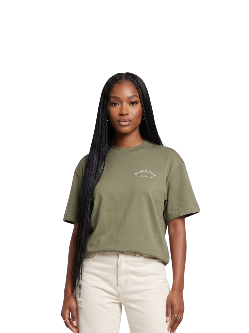 Paper city green oversized graphic tshirt at unseen grail. local brands south africa. streetwear. men and women. female model front
