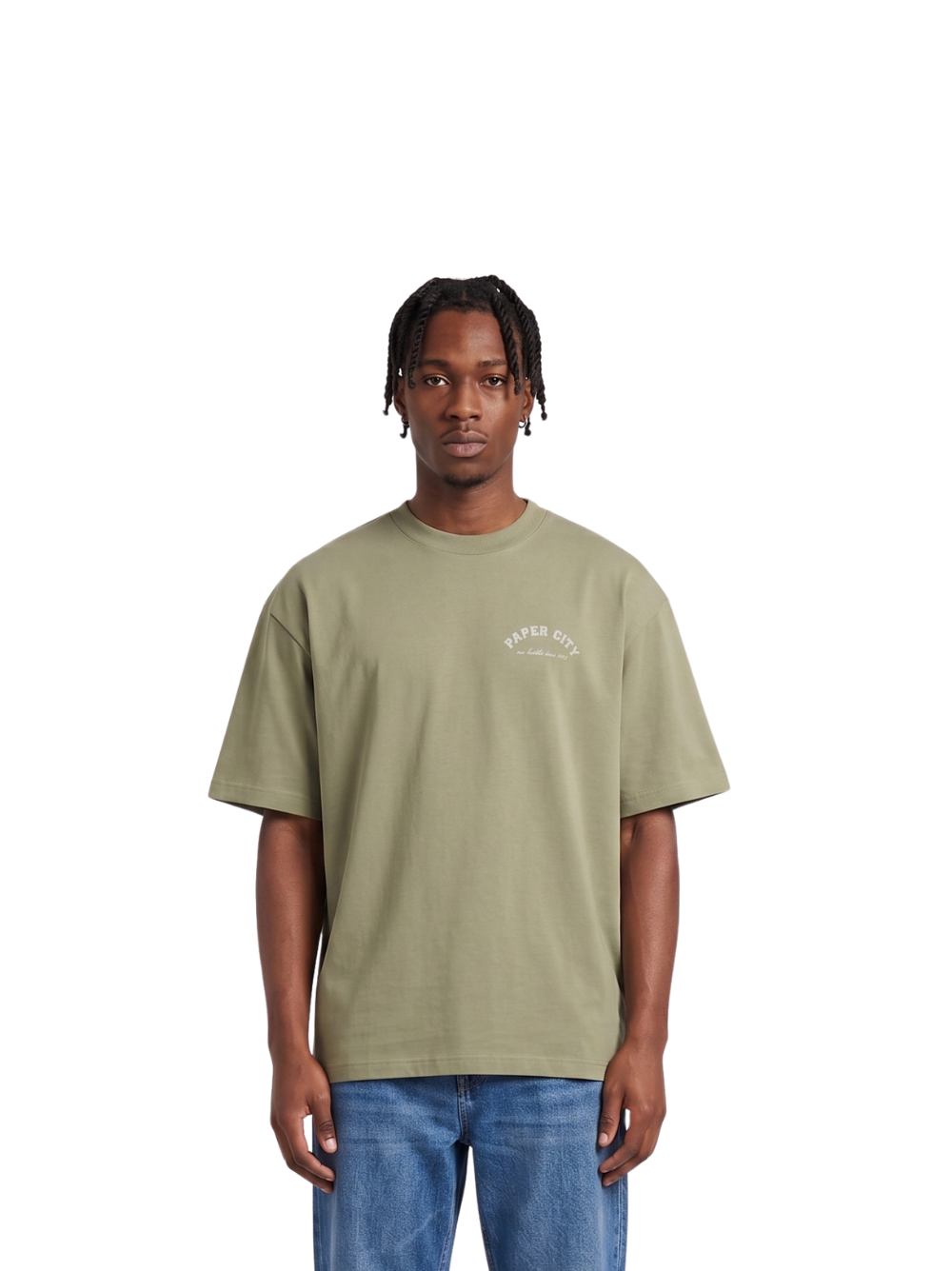 Paper city green oversized graphic tshirt at unseen grail. local brands south africa. streetwear. men and women. male model front