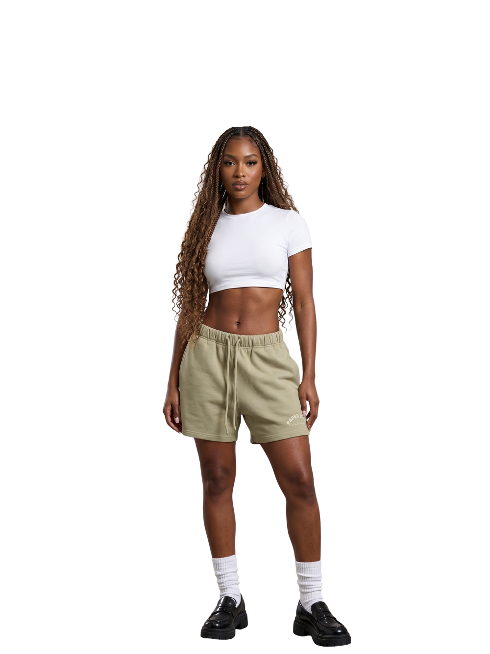 Paper city green oversized shorts at unseen grail. local brands south africa. streetwear. men and women. female front image full outfit