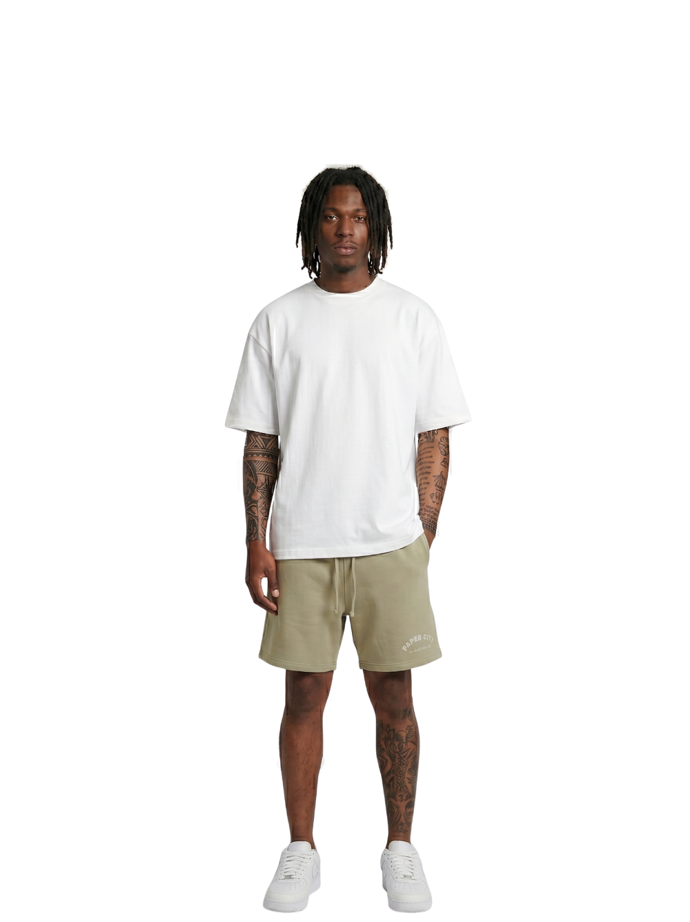 Paper city green oversized shorts at unseen grail. local brands south africa. streetwear. men and women. male front image full outfit