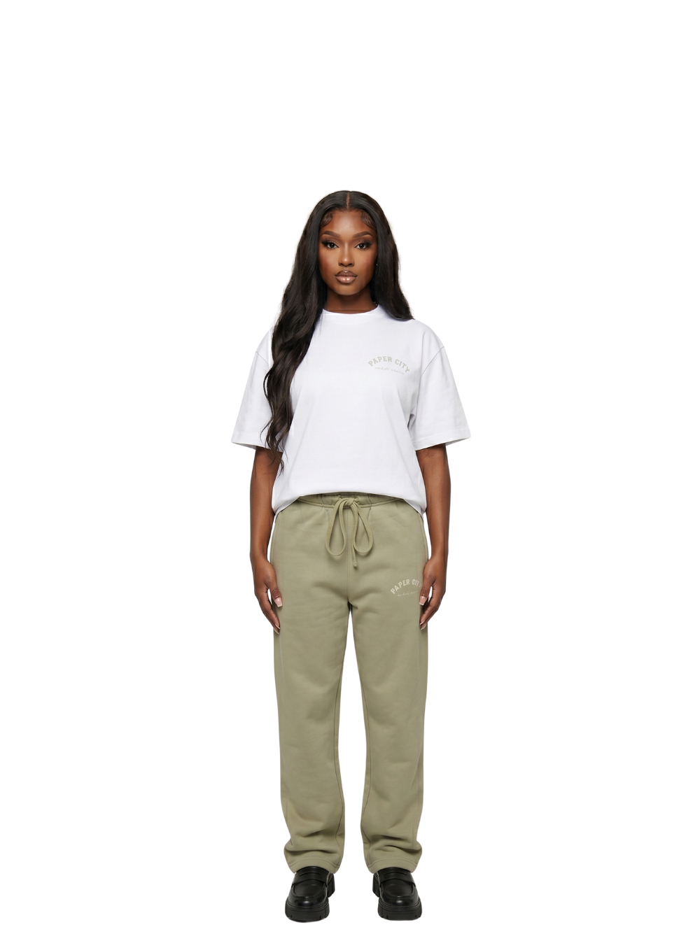 Paper city green oversized sweatpants  at unseen grail. local brands south africa. streetwear. men and women. male model front full outfit