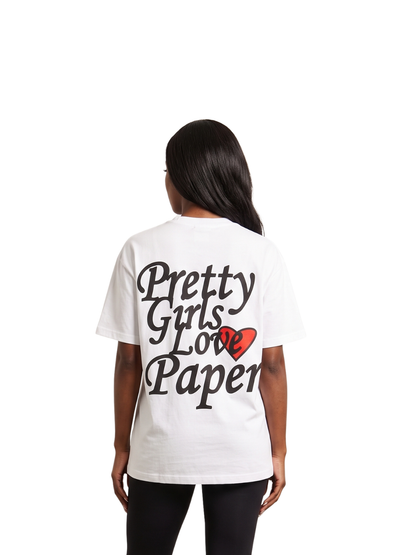 Paper city white oversized graphic tshirt at unseen grail. local brands south africa. streetwear. men and women. female model back view