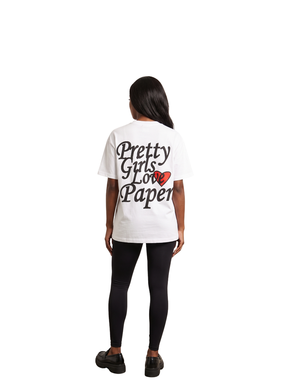 Paper city white oversized graphic tshirt at unseen grail. local brands south africa. streetwear. men and women. female model back view full outfit