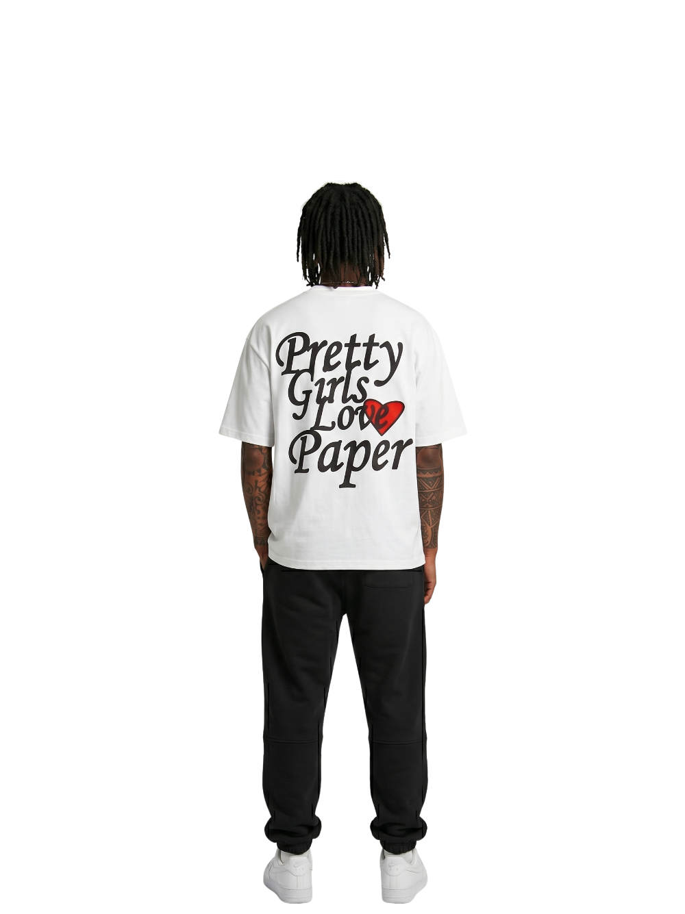 Paper city white oversized graphic tshirt at unseen grail. local brands south africa. streetwear. men and women. male model back view full outfit