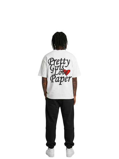 Paper city white oversized graphic tshirt at unseen grail. local brands south africa. streetwear. men and women. male model back view full outfit