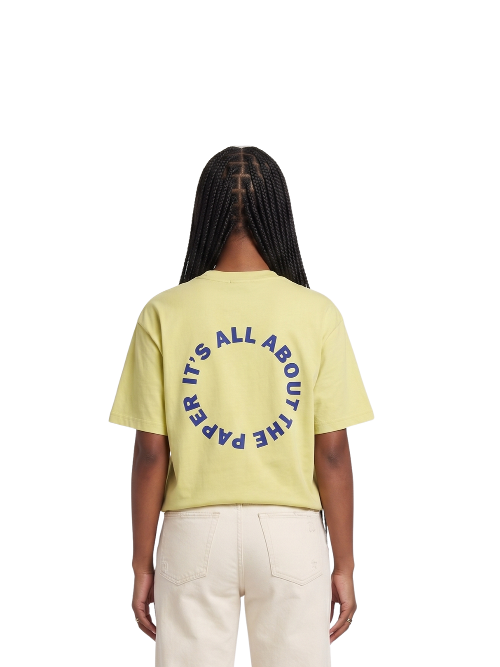 Paper city yellow oversized graphic tshirt at unseen grail. local brands south africa. streetwear. men and women. female model back view