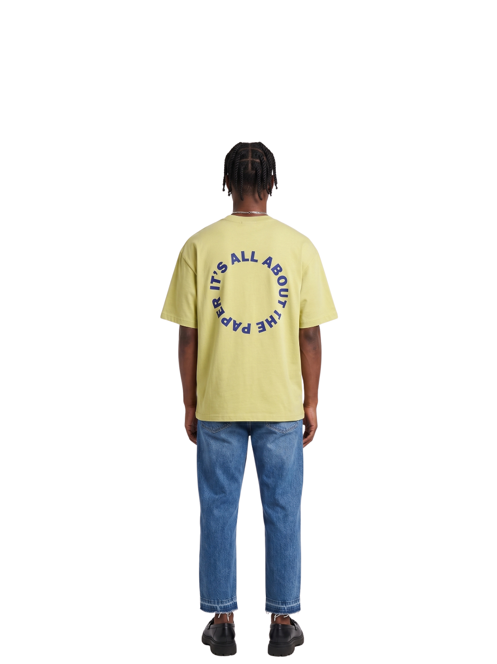 Paper city yellow oversized graphic tshirt at unseen grail. local brands south africa. streetwear. men and women. female model back view full outfit