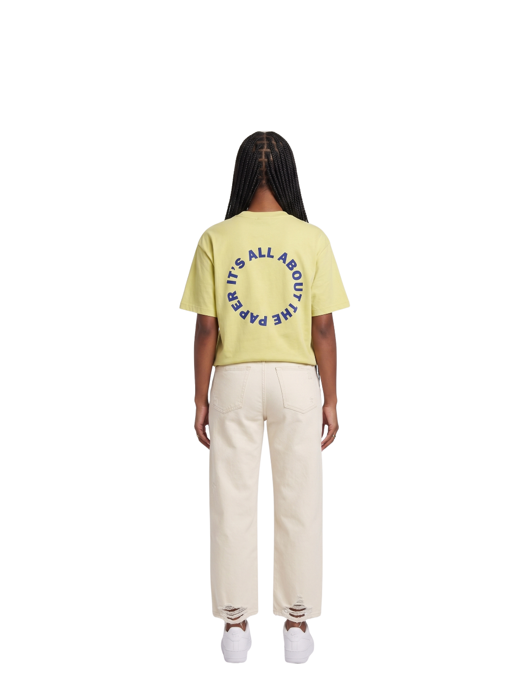 Paper city yellow oversized graphic tshirt at unseen grail. local brands south africa. streetwear. men and women. female model back view full outfit