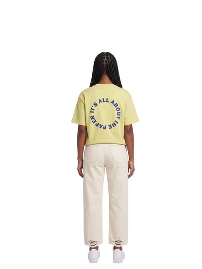 Paper city yellow oversized graphic tshirt at unseen grail. local brands south africa. streetwear. men and women. female model back view full outfit