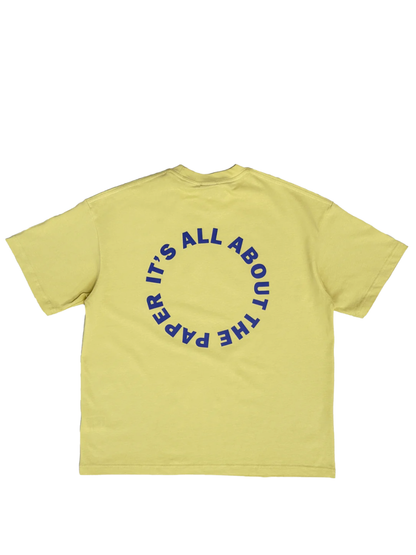 Paper city yellow oversized graphic tshirt at unseen grail. local brands south africa. streetwear. men and women. flatlay mock up back 